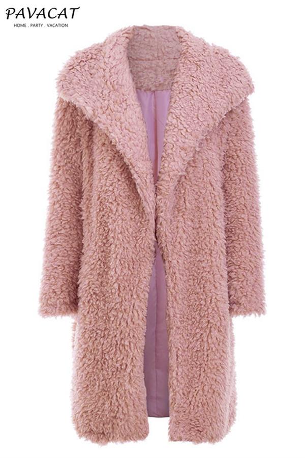 elveswallet Elegant Pink Long Faux Fur Coat