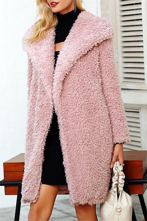 elveswallet Elegant Pink Long Faux Fur Coat