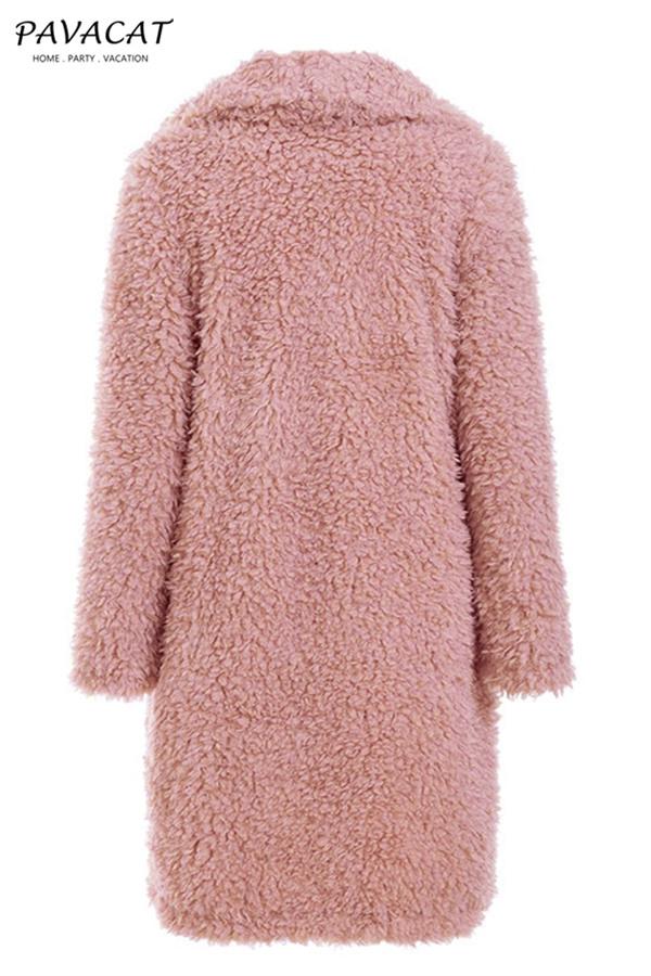 elveswallet Elegant Pink Long Faux Fur Coat