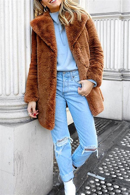 elveswallet Elegant Shaggy Faux Fur Teddy Coat - Brown