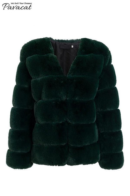 elveswallet Elegant Thick Fluffy Faux Fur Coat - Dark Green