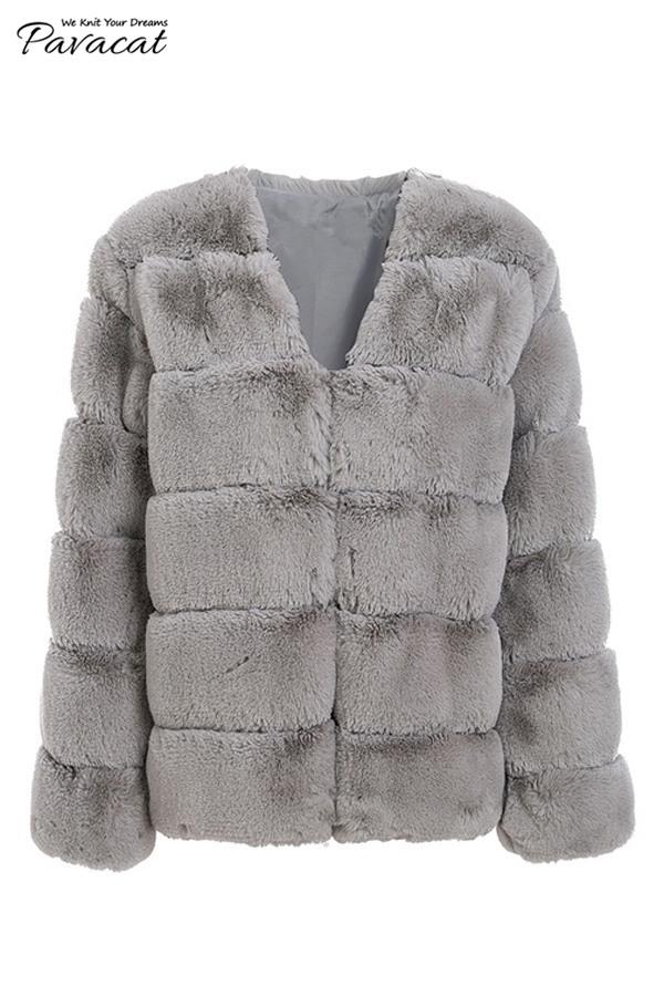 elveswallet Elegant Thick Fluffy Faux Fur Coat - Light Gray