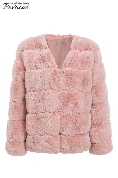 elveswallet Elegant Thick Fluffy Faux Fur Coat - Pink