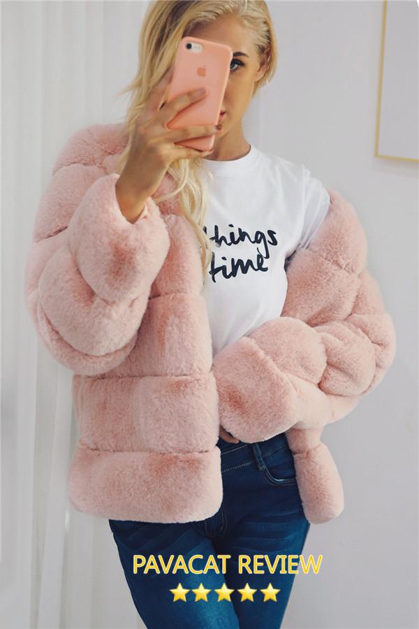 elveswallet Elegant Thick Fluffy Faux Fur Coat - Pink