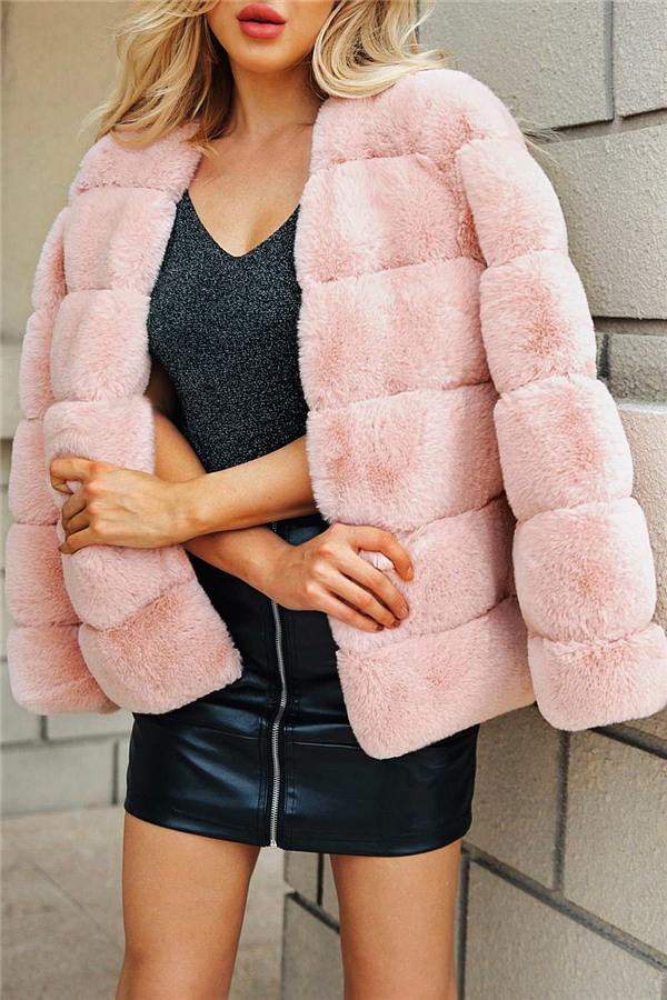 elveswallet Elegant Thick Fluffy Faux Fur Coat - Pink