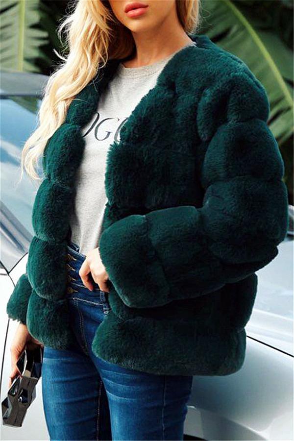 elveswallet Elegant Thick Fluffy Faux Fur Coat - Dark Green