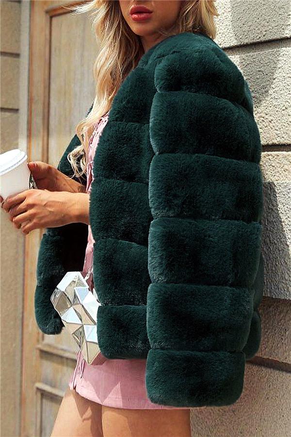 elveswallet Elegant Thick Fluffy Faux Fur Coat - Dark Green