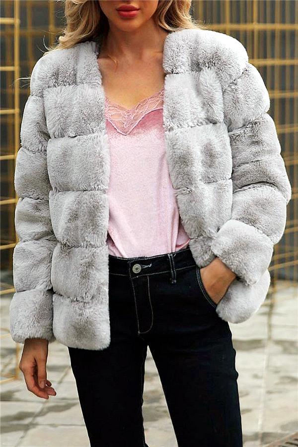 elveswallet Elegant Thick Fluffy Faux Fur Coat - Light Gray