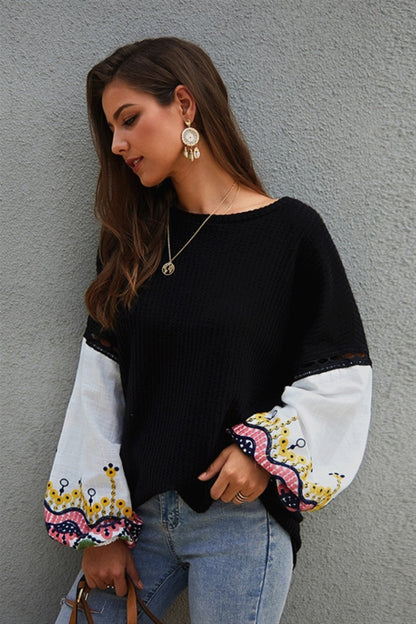 elveswallet Embroidery Lantern Sleeve Loose Sweater