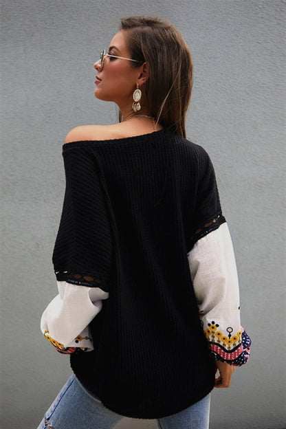 elveswallet Embroidery Lantern Sleeve Loose Sweater