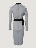 elveswallet  All Over Print V Neck Belted Dress, Casual Long Sleeve Midi Dress, Women's Clothing
