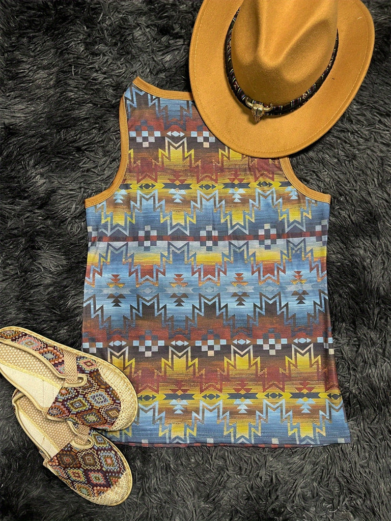 elveswallet  Ethnic Aztec Print V Neck Tank Top, Vintage Loose Fashion Sleeveless Summer Tank Top, Women's Clothing