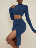 Sexy Ribbed Slit Dresses Two-piece Set, Casual Long Sleeve Crop Tops & High Waist Slit Skirt Set, Women's Clothing