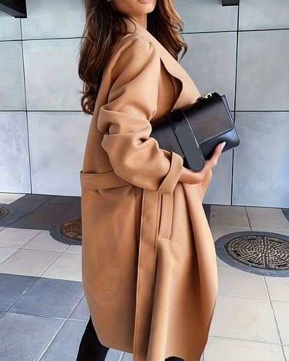 elveswallet Elegant Waterfall Collar Open Front Belt Woolen Coat