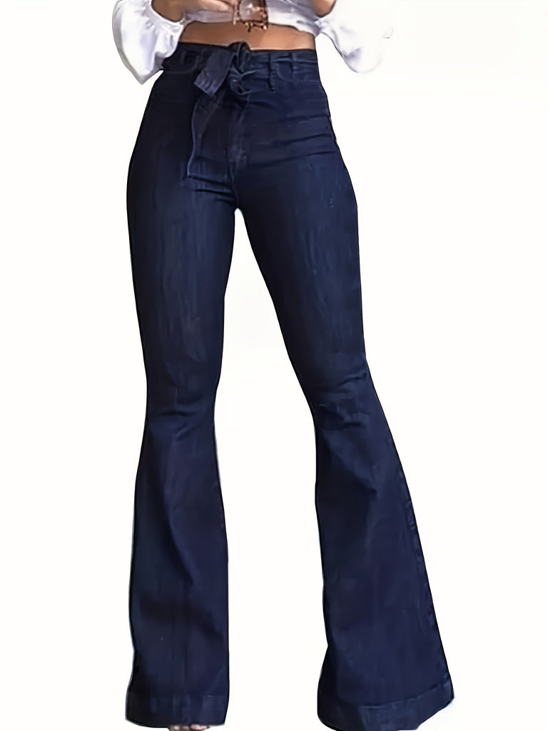 Navy Blue Flared Jeans, High-Stretch With Waistband Bell Bottom Wide Legs Denim Pants, Women's Denim Jeans & Clothing