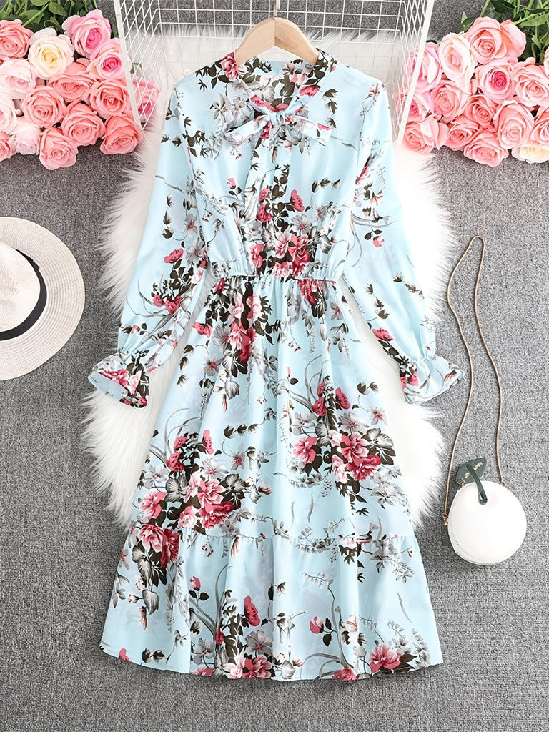 Floral Print Bow Tie Dress, Casual Long Sleeve Dress For Spring & Fall, Women's Clothing
