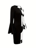 elveswallet  Geo Print Flared Sleeve Dress, Elegant Bodycon Crew Neck Dress For Spring & Fall, Women's Clothing