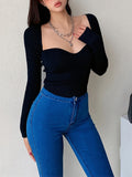 Long Sleeve Sexy Solid Sweater, Slim Square Neck Casual Sweater For Fall & Spring, Women's Clothing