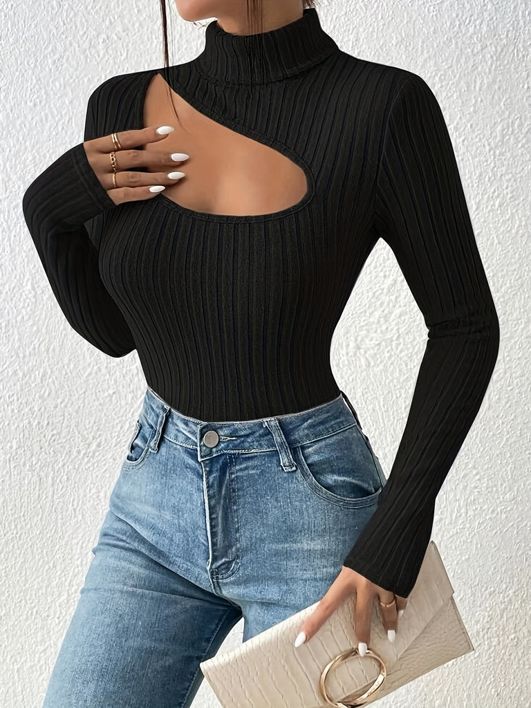 elveswallet  Cutout Ribbed Crew Neck T-Shirt, Casual Long Sleeve Top For Spring & Fall, Women's Clothing