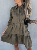 elveswallet  Button Front Solid Dress, Casual Ruched Long Sleeve Dress With A Collar, Women's Clothing