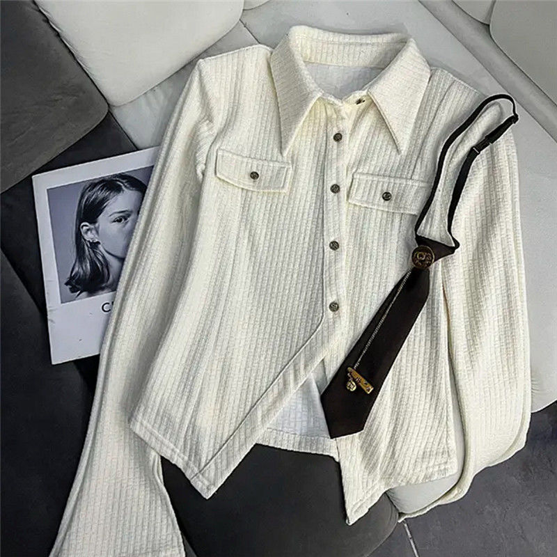 2023 winter new thickened shirt temperament retro American college style lapel irregular thin versatile top