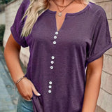 elveswallet  Plus Size Casual T-shirt, Women's Plus Plain Button Decor Short Sleeve Notched Neck Slight Stretch T-shirt