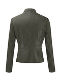 elveswallet  Solid Zipper Front Leather Crop Jacket, Casual Long Sleeve Jacket For Fall & Spring, Women's Clothing