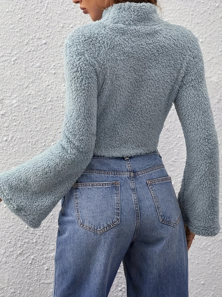 Solid Teddy Pullover Cropped Sweatshirt, Casual Flared Sleeve Mock Neck Sweatshirt For Fall & Winter, Women's Clothing