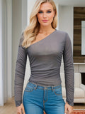 elveswallet  Slanted Shoulder Slim T-shirt, Sexy Sheer Long Sleeve T-shirt, Women's Clothing
