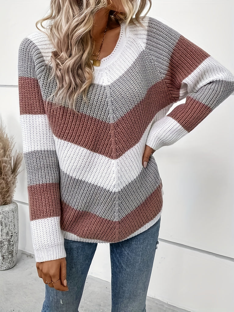 Color Block Crew Neck Sweater, Casual Long Sleeve Sweater For Fall & Winter, Women's Clothing