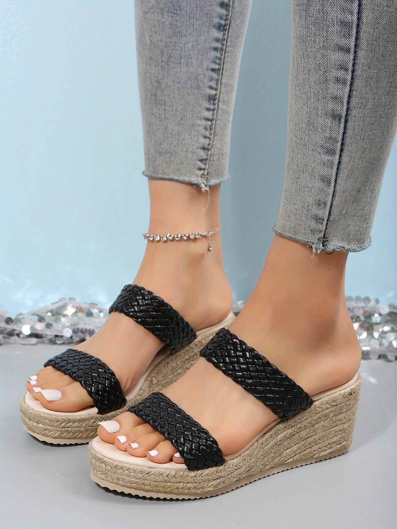 elveswallet Double Strap Open Toe Espadrilles Wedge Sandals