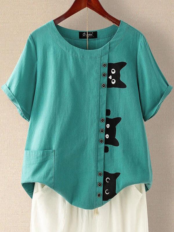 Elveswallet Round Neck Short Sleeve Cartoon Printed Button Blouse