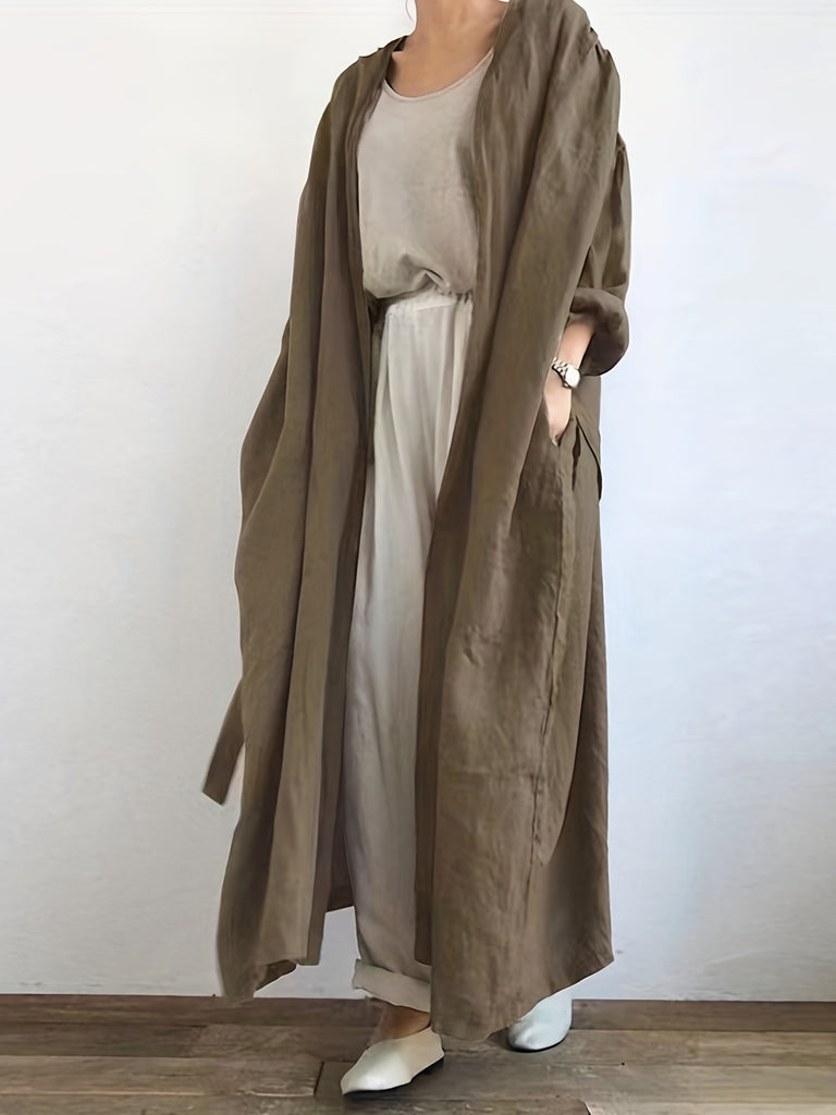 Solid Open Front Belted Overcoat, Versatile Long Sleeve Pockets Maxi Length Coat , Women's Clothing