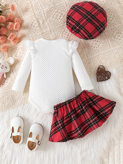 2-Pieces Baby's Preppy Style Bow Decor Ruffled Bodysuit + Hat + Plaid Pattern Skirt, Toddler & Infant Girl's Clothing Set For Fall Winter Christmas Party