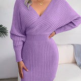 elveswallet  Sexy Cross V Neck Bodycon Sweater Dress, Batwing Sleeve Solid Criss Cross Neck Cross Sexy Dresses,  Women's Clothing
