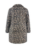 Plus Size Casual Winter Coat, Women's Plus Leopard Print Teddy Fleece Long Sleeve Open Front Lapel Collar Tunic Coat
