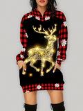 elveswallet  Christmas Deer Print Dress, Casual Hooded Long Sleeve Dress, Women's Clothing