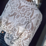 elveswallet  Solid Lace Blouse, Elegant Vintage Semi-Sheer High Neck Long Sleeve Blouse, Women's Clothing