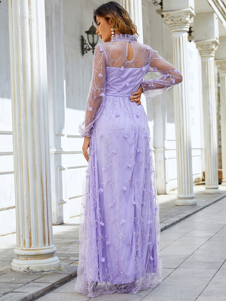 elveswallet  Solid Round Neck Long Mesh Sleeve Split Dress, Elegant Mature Ruffled Hem Maxi Party Dress, Women's Clothing