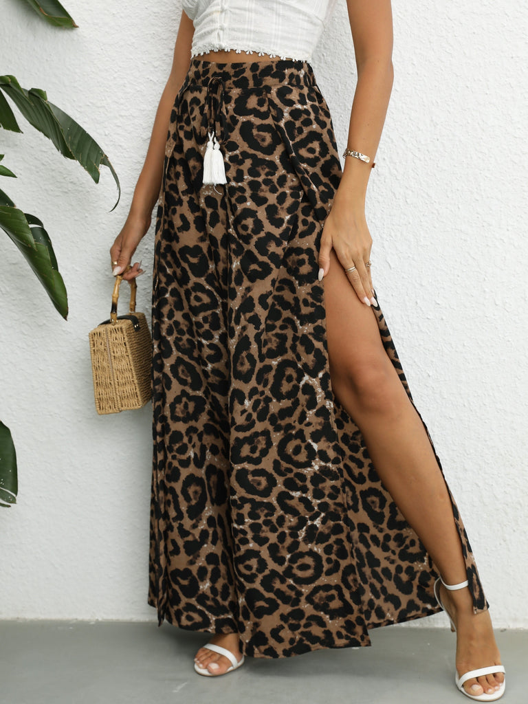 elveswallet  Leopard Print Wide Leg Pants, Side Slit Casual Pants For Summer & Spring, Women's Clothing