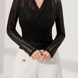 Semi-sheer Surplice Neck Top, Casual Long Sleeve Top For Spring & Fall, Women's Clothing