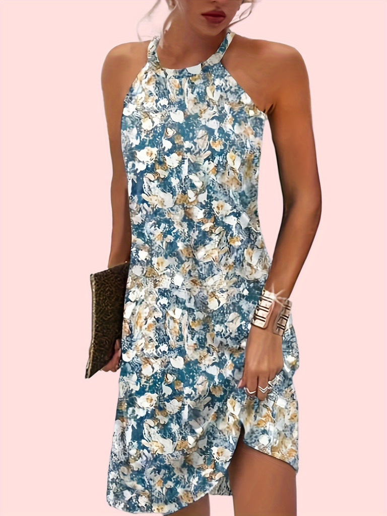 Floral Print Sleeveless Dress, Elegant Crew Neck Summer Dress, Women's Clothing