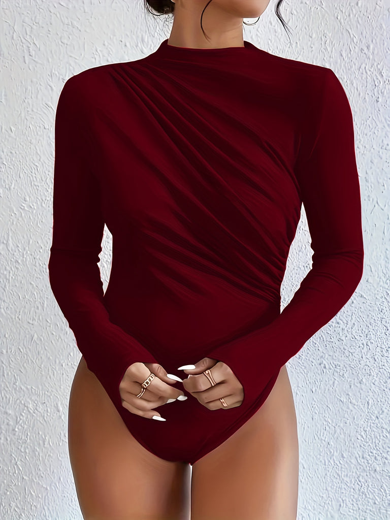 elveswallet  Solid Skinny Ruched Bodysuit, Stretchy Long Sleeve Mock Neck One Piece Bodysuit, Women's Clothing