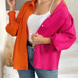 elveswallet  Plus Size Casual Blouse, Women's Plus Colorblock Shirred Puff Sleeve Turn Down Collar Button Up Shirt Top