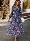 elveswallet  Ditsy Floral Print Surplice Neck Dress, Boho Long Sleeve Lettuce Trim Dress, Women's Clothing