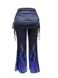Plus Size Halloween Goth Pants, Women's Plus Psychedelic Flame Print Side Ruched Tie High Rise Medium Stretch Flared Leg Trousers