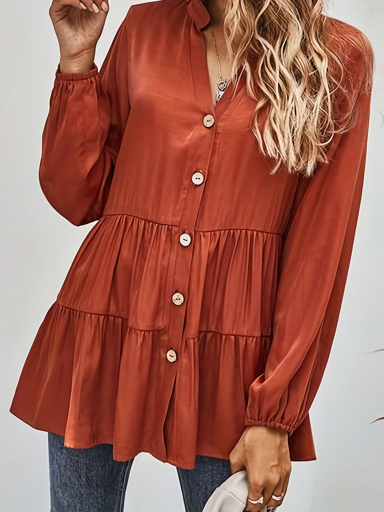 elveswallet  Plus Size Casual Blouse, Women's Plus Solid Button Up Long Sleeve Mock Neck Slight Stretch Babydoll Shirt Top