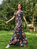 Floral Print Lettuce Trim Dress, Elegant V Neck Short Sleeve Pleated Maxi Dress, Women's Clothing