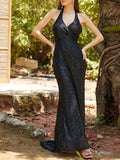 Sequin Surplice Neck Halter Dress, Elegant Backless Floor Length Dress For Wedding Party, Women's Clothing