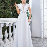Ruffle Trim Maxi Wedding Dress, Elegant Solid Sleeveless Dress For Wedding Party, Women's Clothing